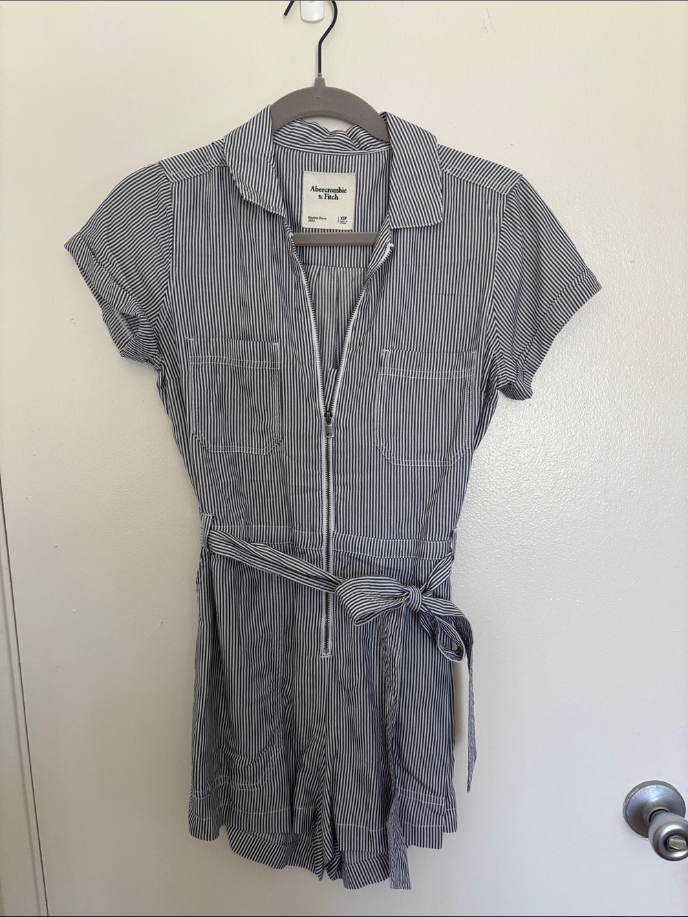 Abercrombie & Fitch Navy and White Pinstripe Zip Romper
